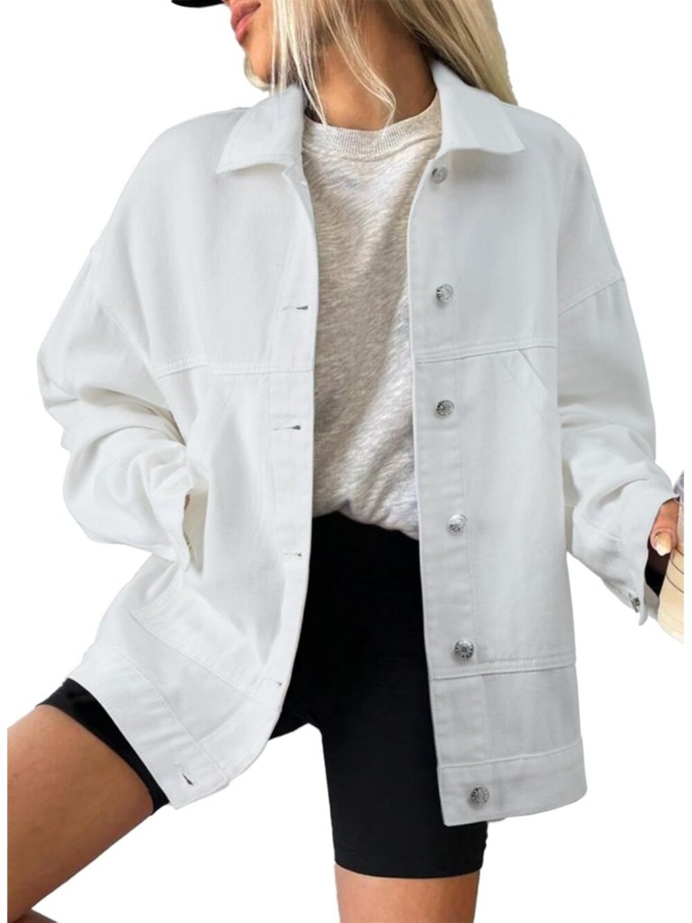 Women's White Long Sleeve Fall Winter Casual Pockets Jean Jacket Coat